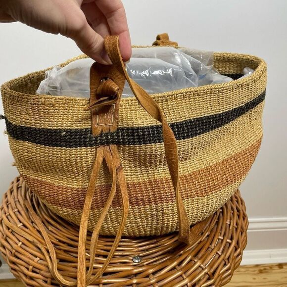 Vintage Handmade‎ Sisal Woven Leather Strap Market Tote Round Bag Tan Black - Picture 3 of 10